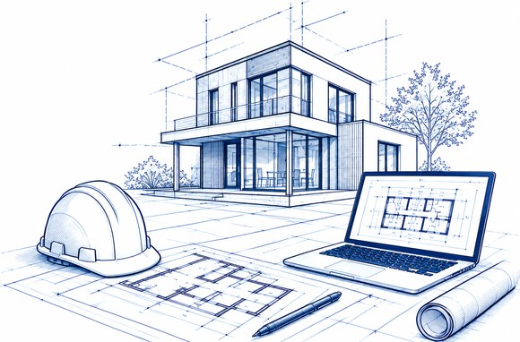 Croquis d'une maison contemporaine posée sur des plans d'architecte, avec casque de chantier et ordinateur portable